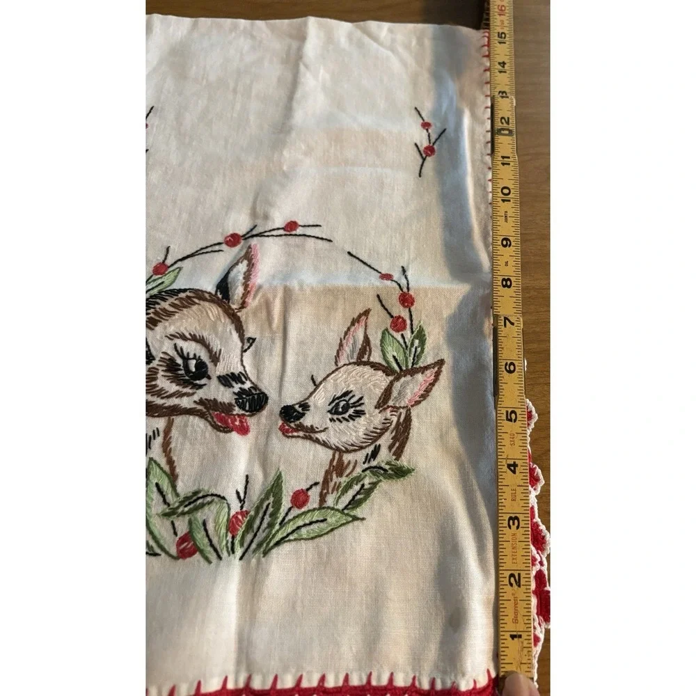 Vintage Hand Embroidered Tea Towel Table Runner Mom & Baby Deer White Red Green